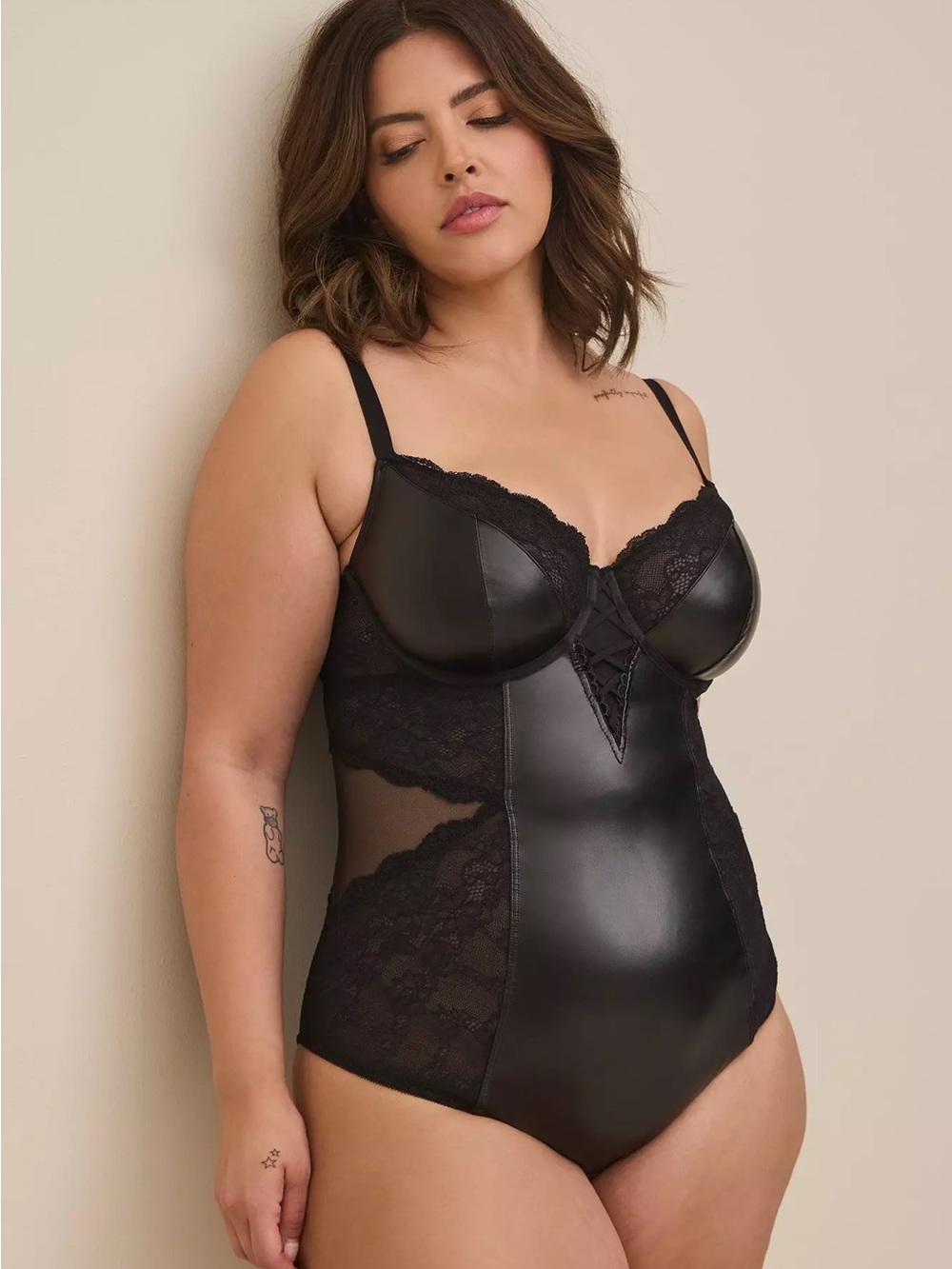 Black Lace & Faux Leather Bodysuit - Women Intimates